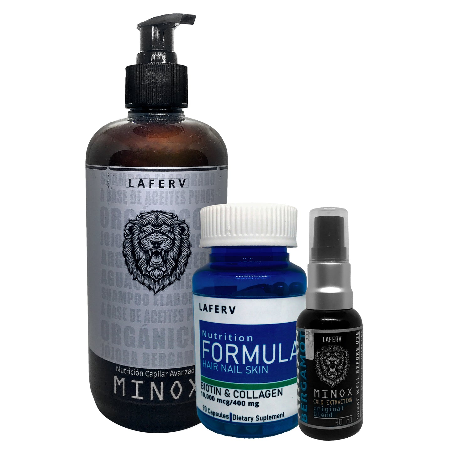 Kit para crecimiento y fortalecimiento de cabello, piel y uñas | Minoxidil 20% | Biotina y Colágeno | Shampoo MINOX