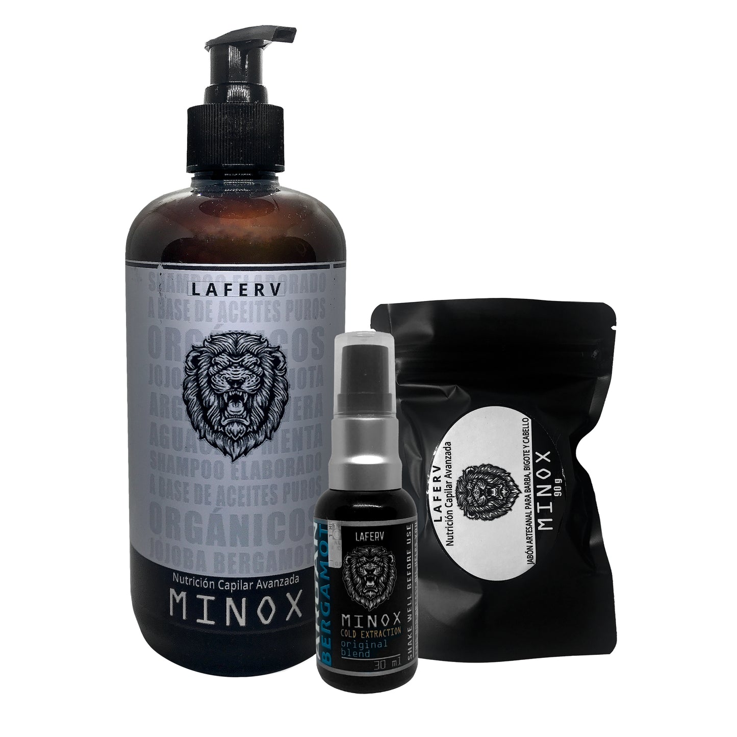 Kit para restauración, cuidado y crecimiento de barba y cabello | Minoxidil 20% | Shampoo MINOX | Jabón MINOX